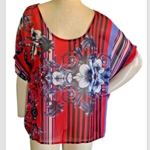 Allen B Relaxed Kimono Top Womens Sz L Pink Multicolor Floral Sheer #224E